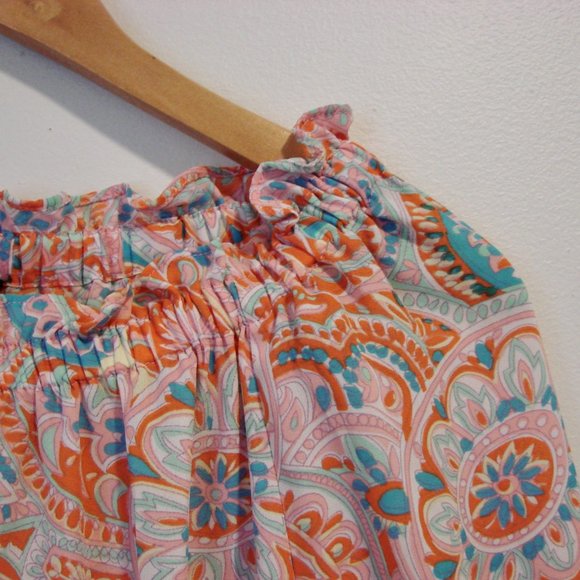 Talbots Floral Boho Peasant Blouse Top Ruffle Off Shoulder Loose Pink Orange XS - Picture 6 of 12